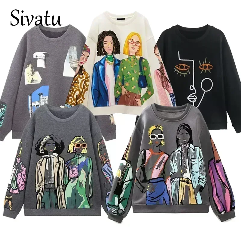 TRAF ZR-sudaderas para mujer, sudaderas informales con estampado de belleza para chicas, sudaderas con capucha con cuello redondo, jerséis elegantes, novedad de 2024
