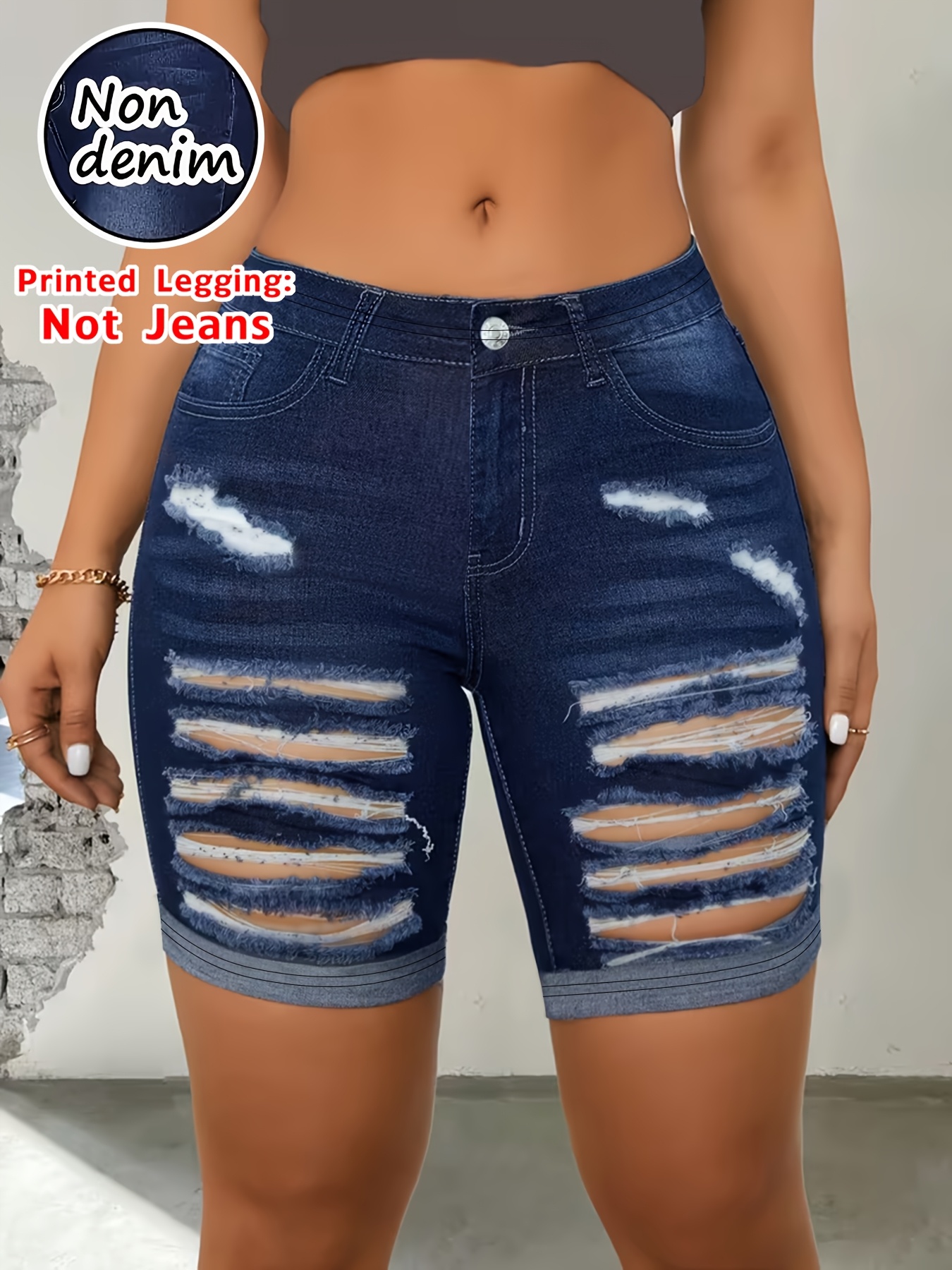 Stretch-Capri-Leggings mit Denim-Print für Damen, atmungsaktive Outdoor-Strand-Urlaubsshorts
