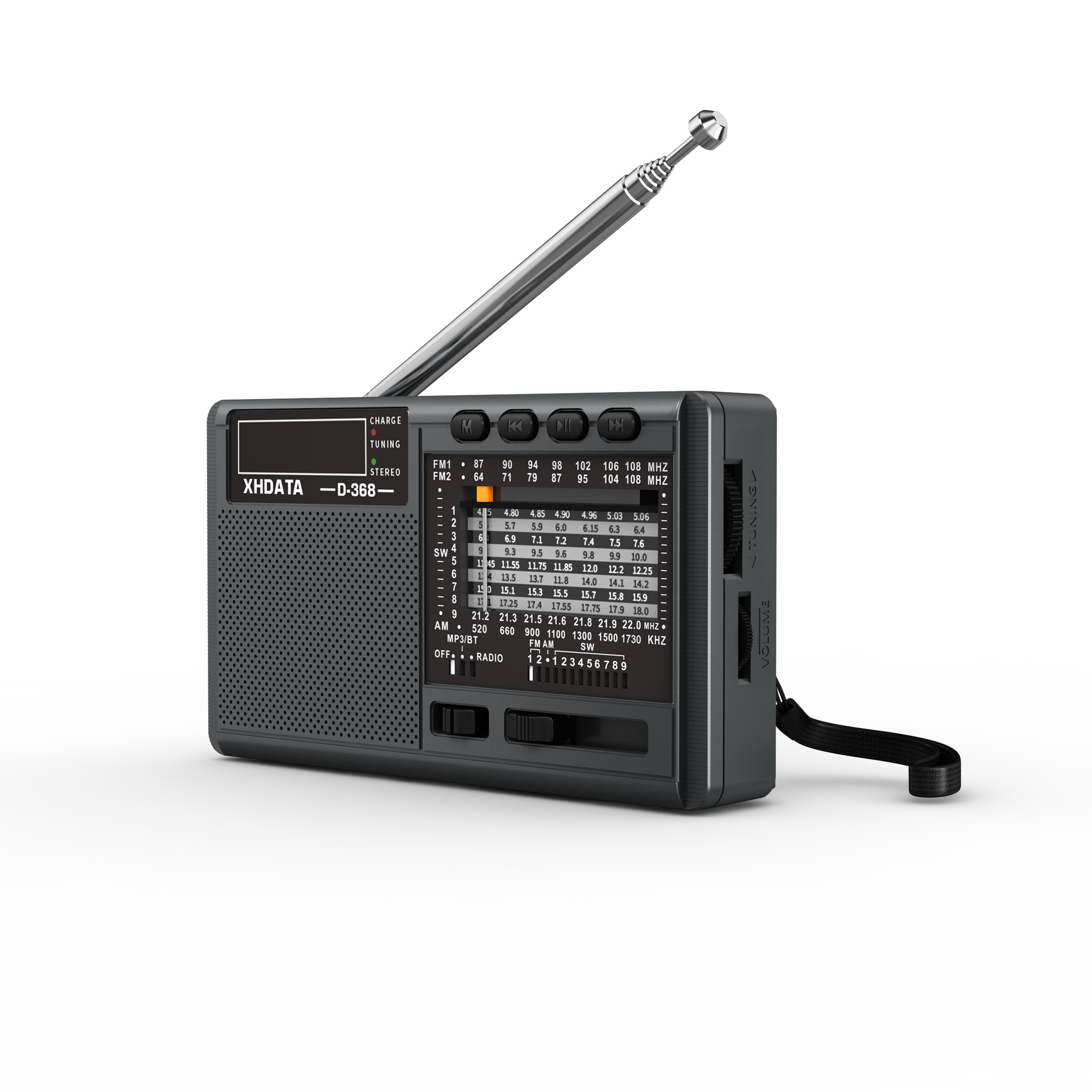 Xhdata D-368 rádio fm bt portátil am fm sw 12 bandas receptor de rádio estéreo bolso sem fio bluetooth-compatível usb tf mp3 player