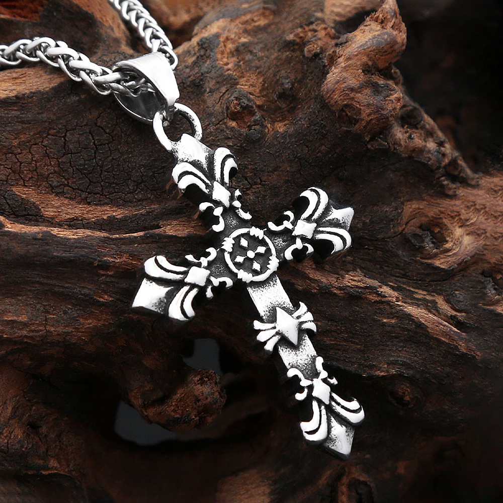 Gothic Vintage Stainless Steel Cross Pendant Necklaces For Men Women Punk Hip Hop Fashion Cross Flower Necklace Party Jewelry