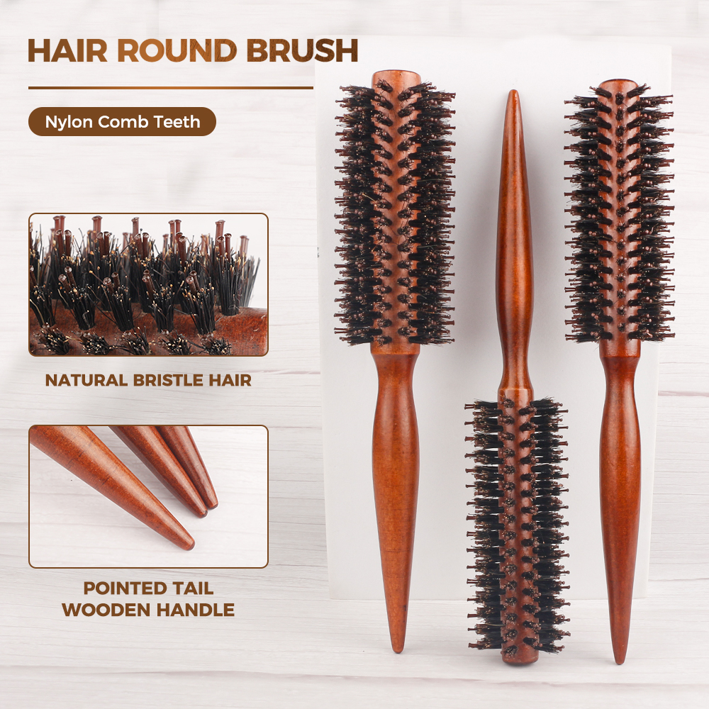 12-stijl Houten Handvat Ronde Rolling Borstel Rechte Twill Haar Kam Varkenshaar Ronde Vat Haar Curling Borstel Kappers Tool