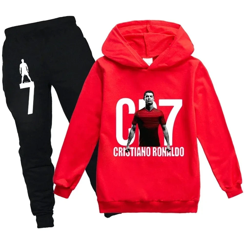 3-12 Tahun Musim Semi Musim Gugur Sepak Bola CR7 Hoodie Cetak + Setelan Celana Kaus Anak Laki-laki Set 2 Potong Setelan Celana Anak Laki-laki Pakaian Anak-anak.