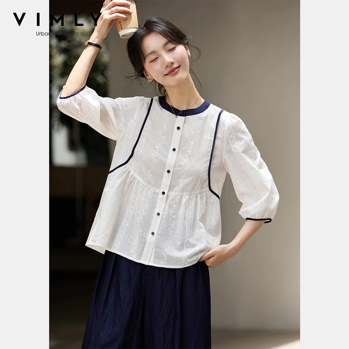 VIMLY Elegante Vrouwen Katoenen Witte Blouse 2026 Lente Zomer Borduren Jacquard Driekwart Bladerdeeg Mouw Jeugd Dames Tops A2922