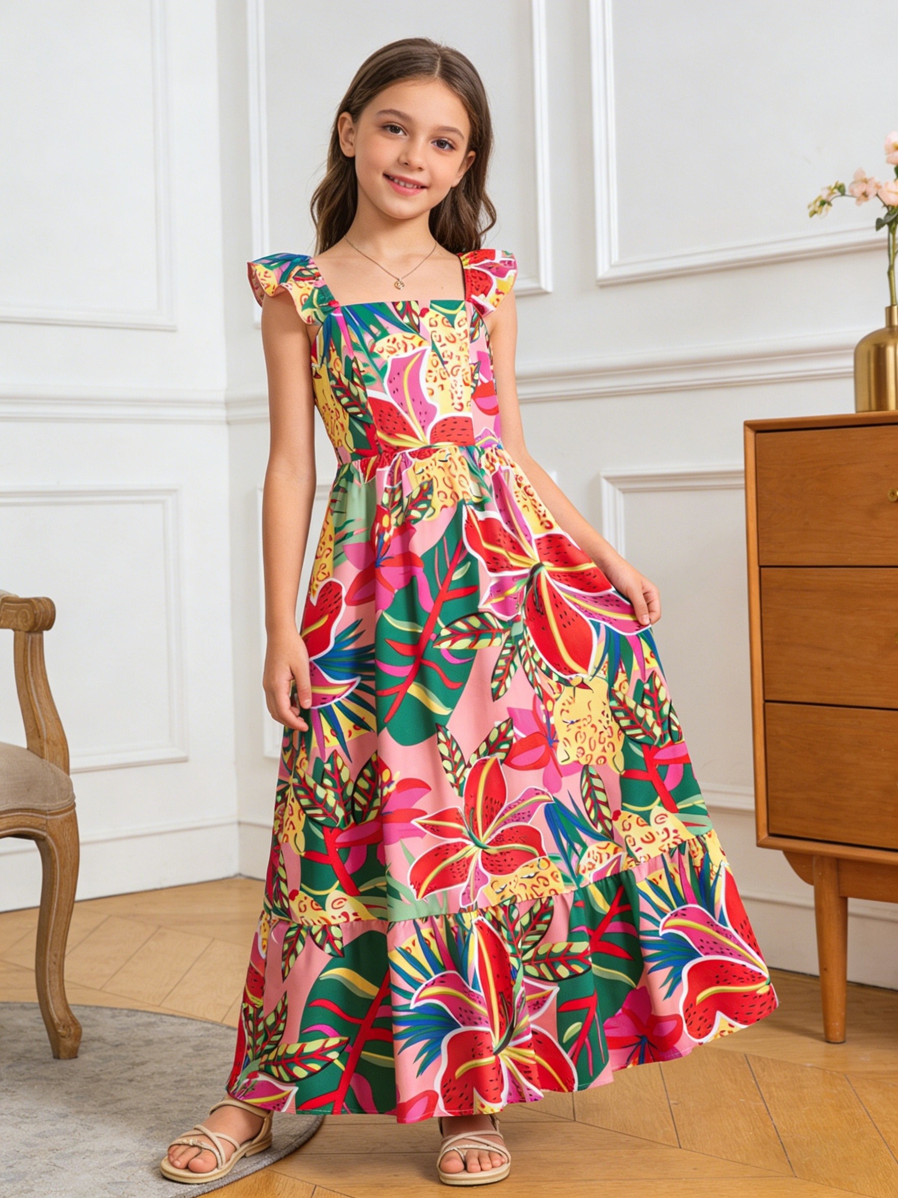 Robe longue à fleurs tropicales pour filles, avec bretelles à volants, col carré, taille haute, ourlet à volants étagés, robe d'été pour la plage