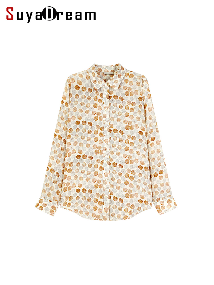 SuyaDreamm, Camisas con estampado de puntos para mujer, 100% crepé de seda, blusas con cuello vuelto, top elegante primavera verano 2026