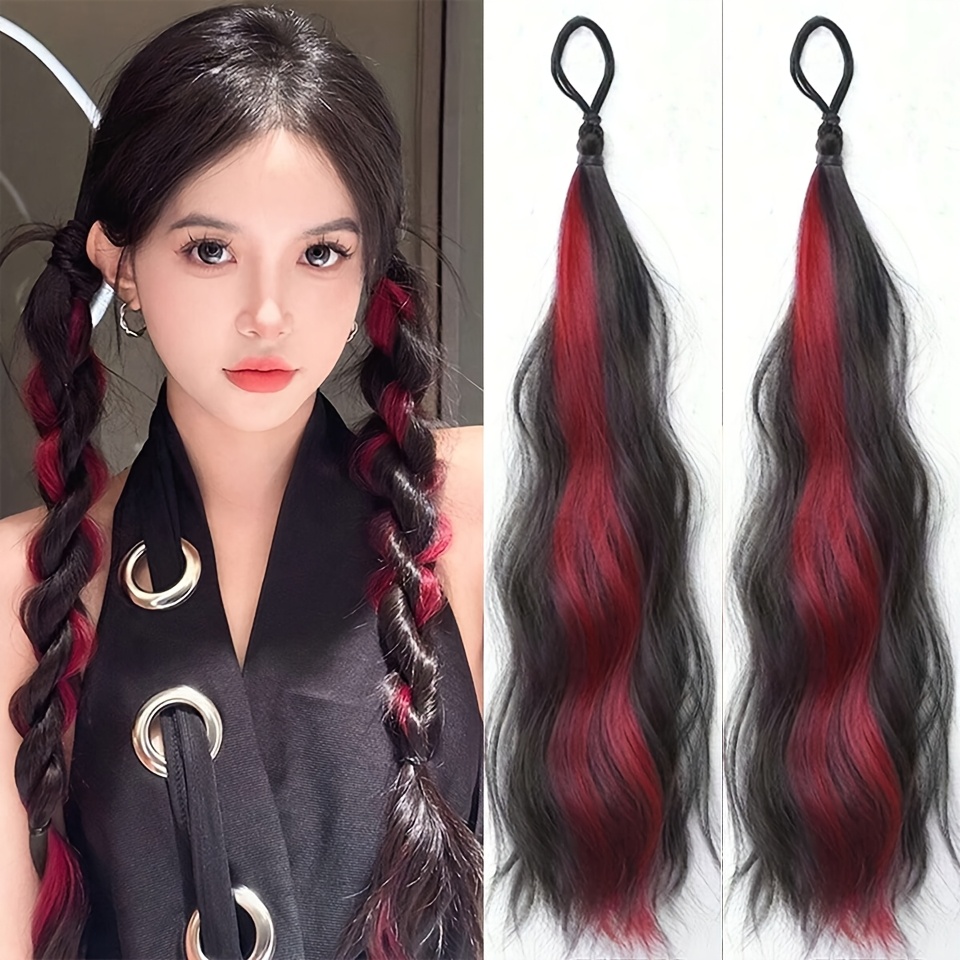 วิกผมหางม้าแบบลอนธรรมชาติ 2 ชิ้น วิกผมต่อหางม้าสำหรับผู้หญิง สีแดง น้ำเงิน เขียว ไฮไลท์