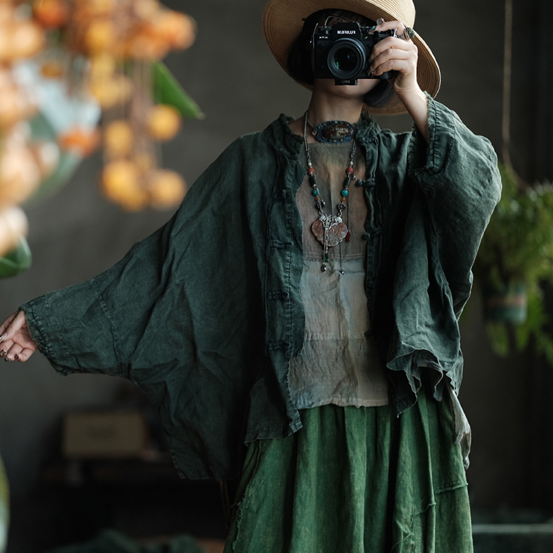 100% de lino para mujer, camisa informal, recién llegada, otoño 2021, estilo Vintage, cuello levantado, camisetas holgadas con manga de murciélago para mujer, camisas M1927