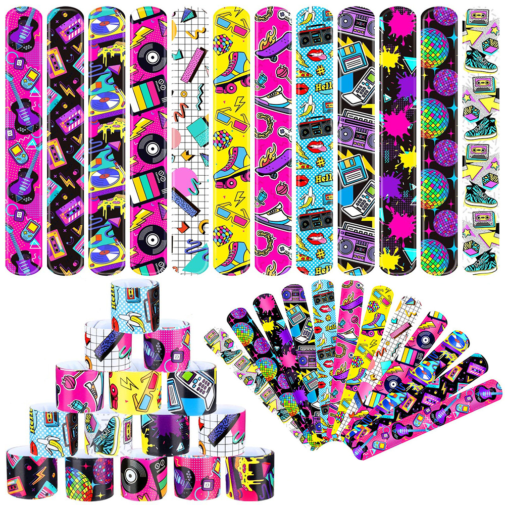 12 Pcs Gelang Slap 80an 90an, Souvenir Tema Pesta Throwback 80an 90an, Gelang Snap untuk Dewasa, Hadiah Kelas, Dekorasi Pesta