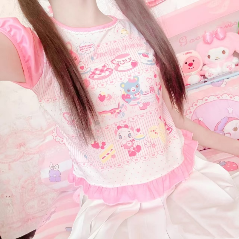 Japońska dziewczyna odzież damska śliczne krótkie t-shirty z nadrukiem kobiece letnie kolorowe krótkie topy Kawaii Pulover młodzieńskie ubrania y2k