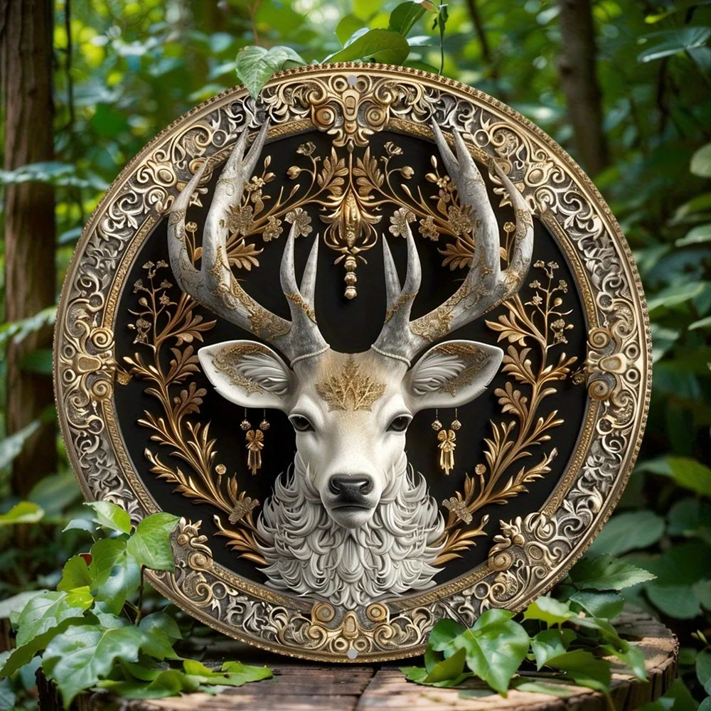 Metalen Decoratieplaat Met Hertenkop Ontwerp, Ronde En Platte Print, Decoratief Cadeau Voor Thuis, Café En Wanddecoratie, 2d