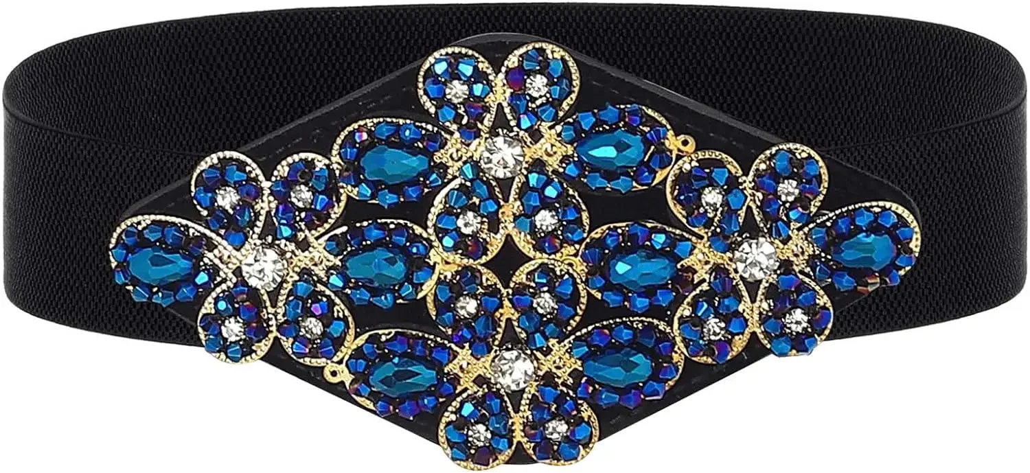 Cinturón elástico con diamantes de imitación para mujer, cinturones anchos negros y azules, cintura elástica con flores, accesorios de joyería para vestido