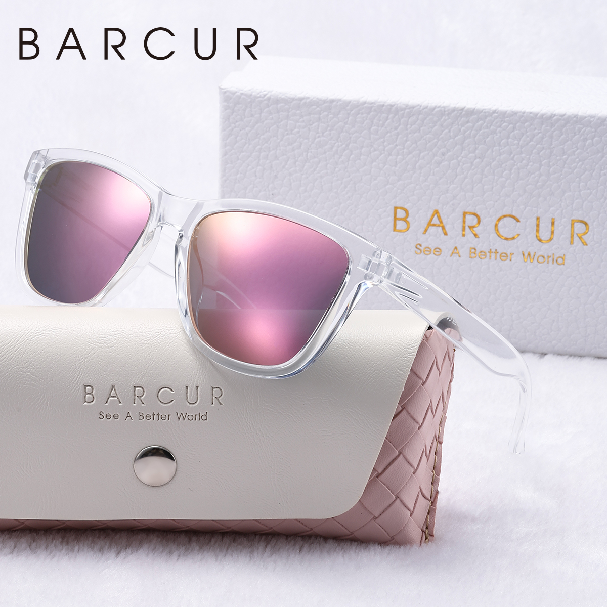 BARCUR Mode Energieke Dames Zonnebril Duurzaam PC Transparant Frame Vakantie UV400 Gepolariseerde Zonnebril Wit Geschenkdoos Pakket