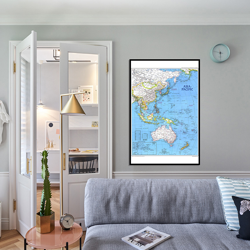 Toile Fine suspendue de 24x36 pouces, peinture artistique murale imprimée sur la carte de l'asie et du pacifique pour décoration de maison et de bureau