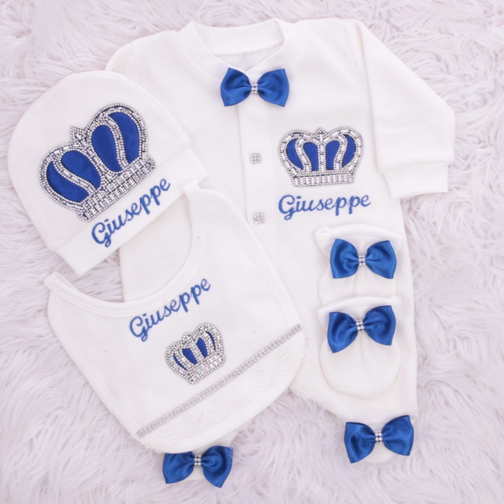 Kustom nama Turki Romper pakaian bayi grosir baru lahir mahkota perhiasan mewah 4 buah bayi Romper Set dengan sepatu 0-12 bulan