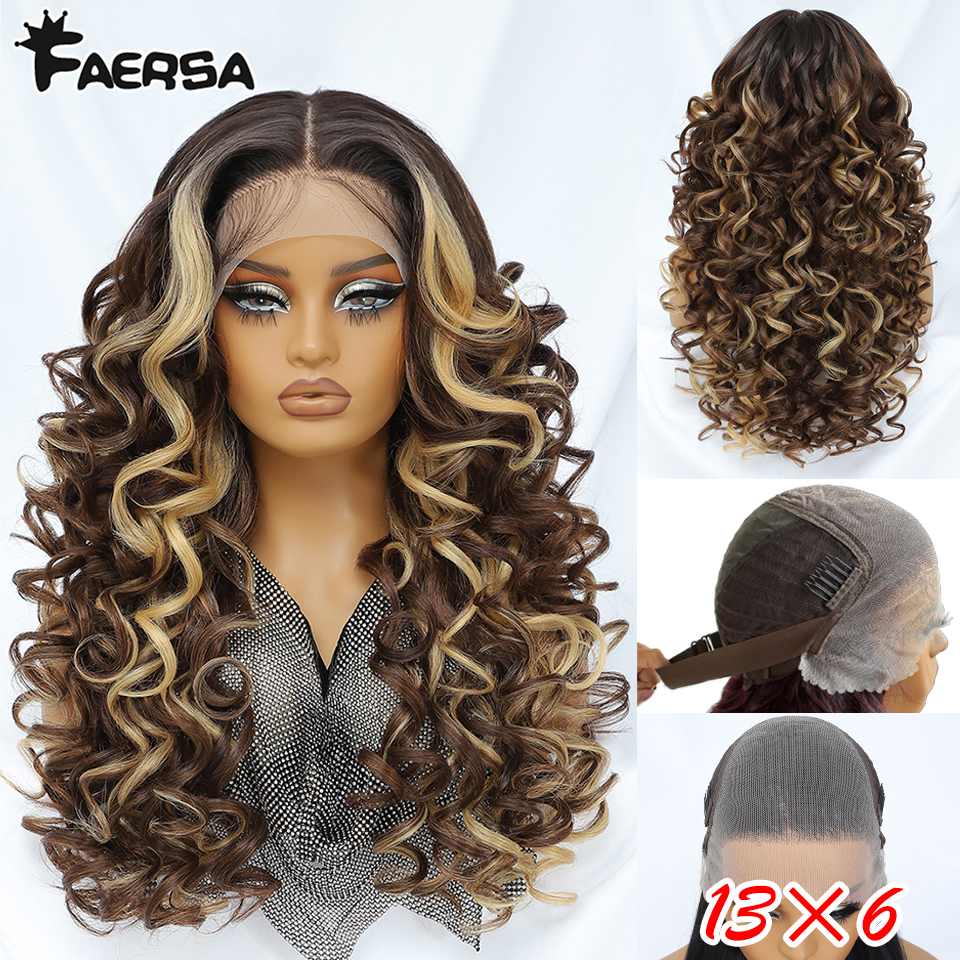 13X6 Latisha Syntetyczna koronka przednia Peruki Pre Plucked Lace Frontal Wig with Babyhair dla kobiet Curly Highlight Ombre Blonde Female