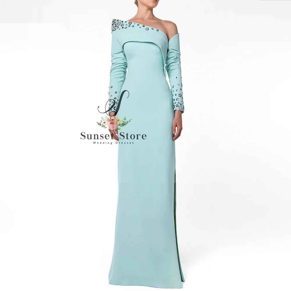 Dostosowane Baby Blue Mermaid Suknie koktajlowe Jedno ramię Kryształowe długie rękawy Suknie wieczorowe Krepa Party Dress