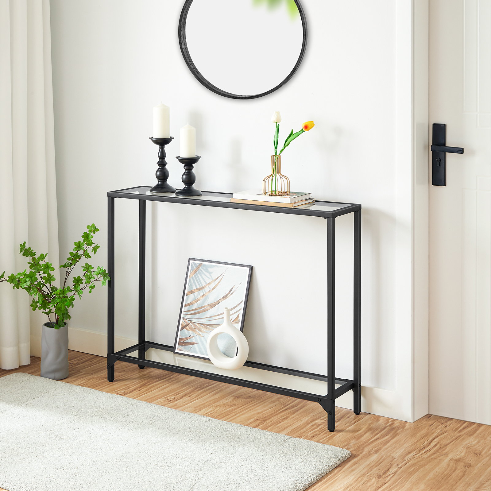HOOBRO Console Tafel Gehard Glazen Banktafel Moderne Ingangstafel Smalle Banktafel Zwart Metalen Frame voor Foyer Woonkamer