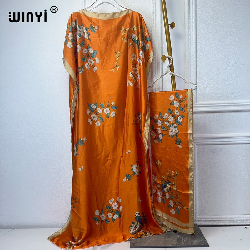 WINYI-vestido musulmán abaya para mujer, caftán de manga larga con cuello redondo, estampado africano, elegante, Maxi largo