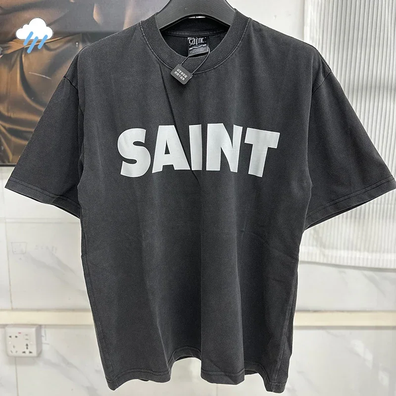 26SS Vintage Washed Black T-Shirt für Herren und Damen – Lässiges, klassisches T-Shirt mit Logo-Print und Schriftzug „Saint“ – Oversized Tee