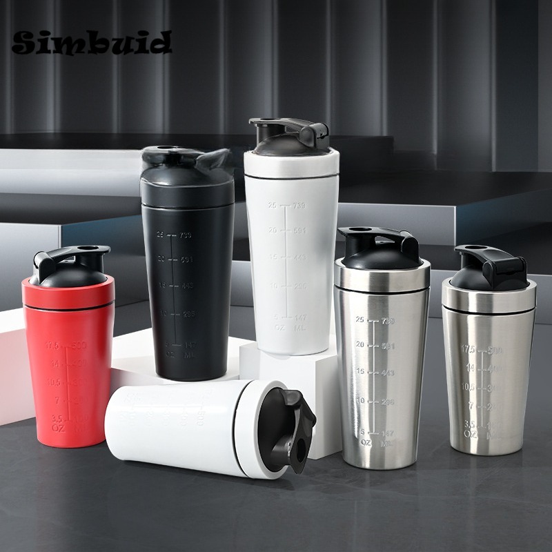 500 ml/750 ml Edelstahl-Proteinpulver-Shaker-Flasche mit Stahlkugel und Skala, auslaufsicher, für Fitnessstudio, Fitness, Sport, Whey Shakes Cup