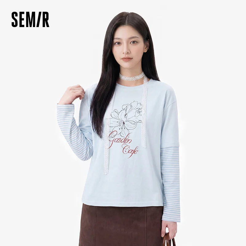 Camiseta de mujer Semir de manga larga oversize con rayas, efecto dos piezas, estampado, hombros caídos, estilo casual urbano, para uso diario 2026