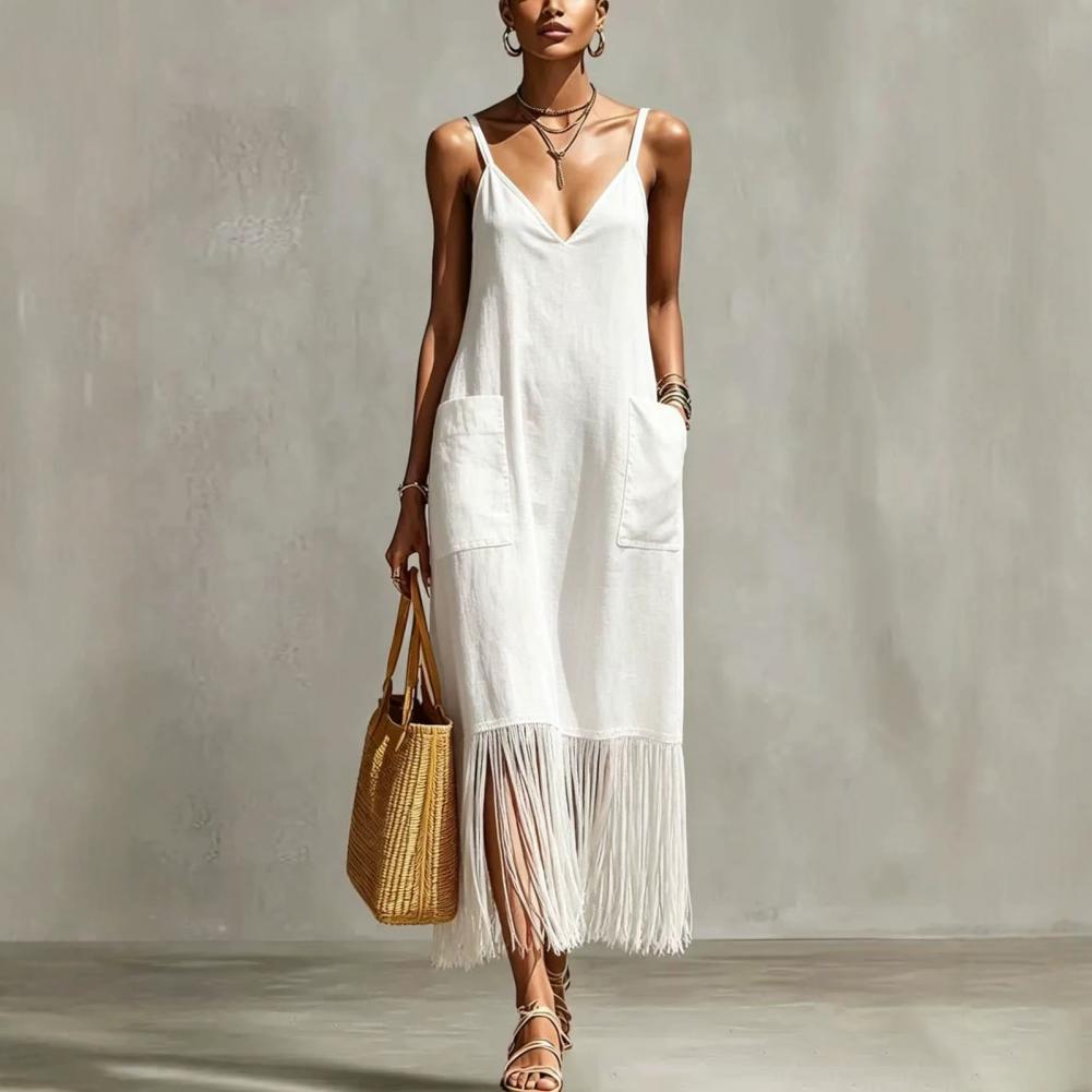 Women's Sleeveless V Neck Tassel Long Dress Fringe Hem Summer Casual Loose Dress, Spaghetti Strap Vacation Sundress with Pockets