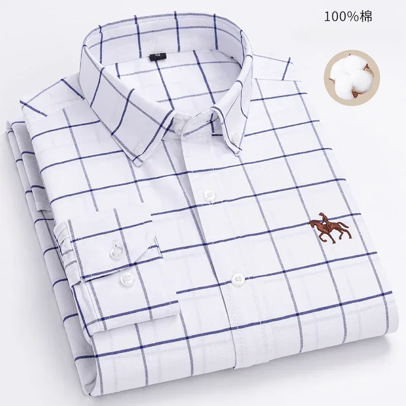 Camisa Oxford de manga larga para hombre, Camisa de algodón a rayas a cuadros, bolsillo informal de negocios, corte Regular, botón hacia abajo, S ~ 6XL