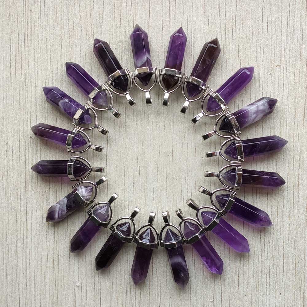Mode Natuurlijke Amethist steen kristal pijler Zeshoekige healing Reiki Punt hangers voor sieraden maken 24 stks/partij Groothandel