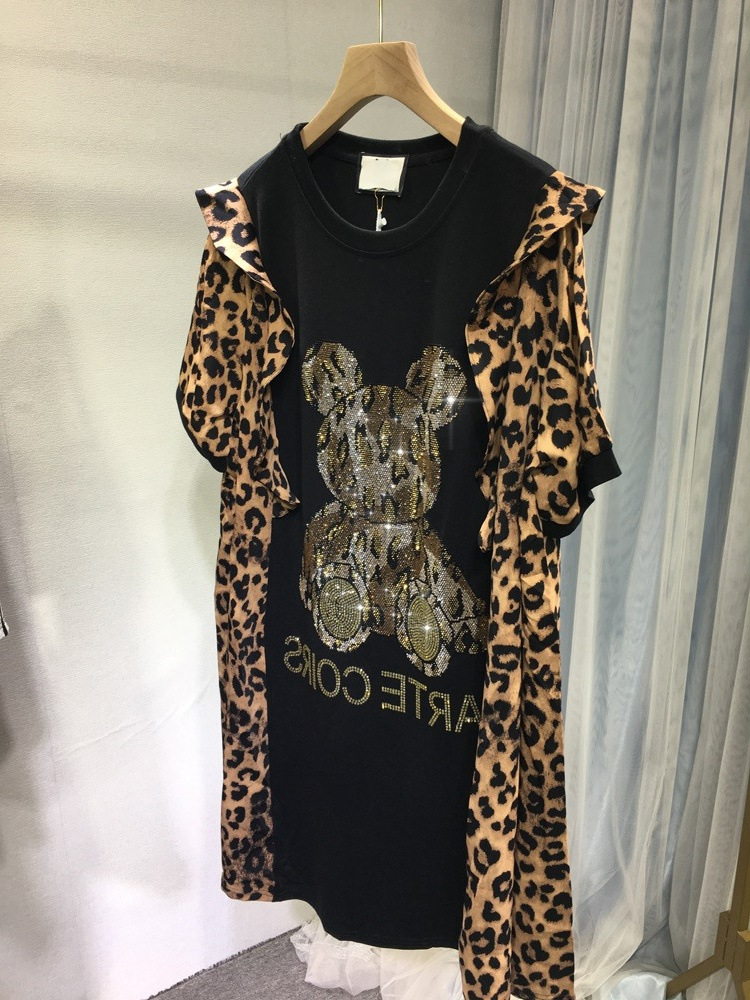 Big Size 4XL Fashion Diamond Black Dress Women Summer Clothes Pullovers Dress Bear Pattern Leopard Spliced Short Sleeve Dresses