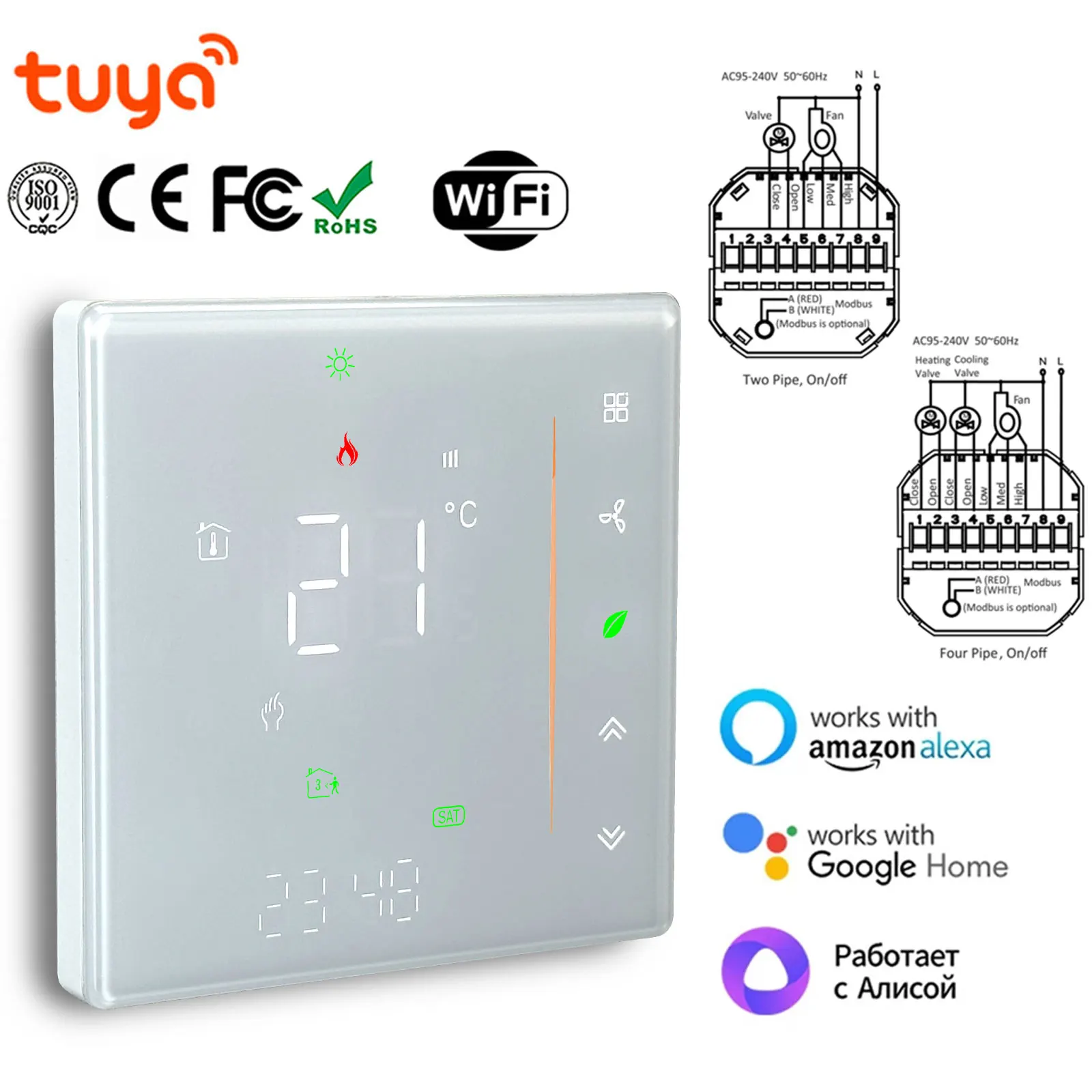 Zigbee & Wi-Fi & MODBUS TUYA Thermostat for Fan Coil Unit, 2P/4P, Cooling/Heating Function,RS485 95-240V, Smart HVAC Control