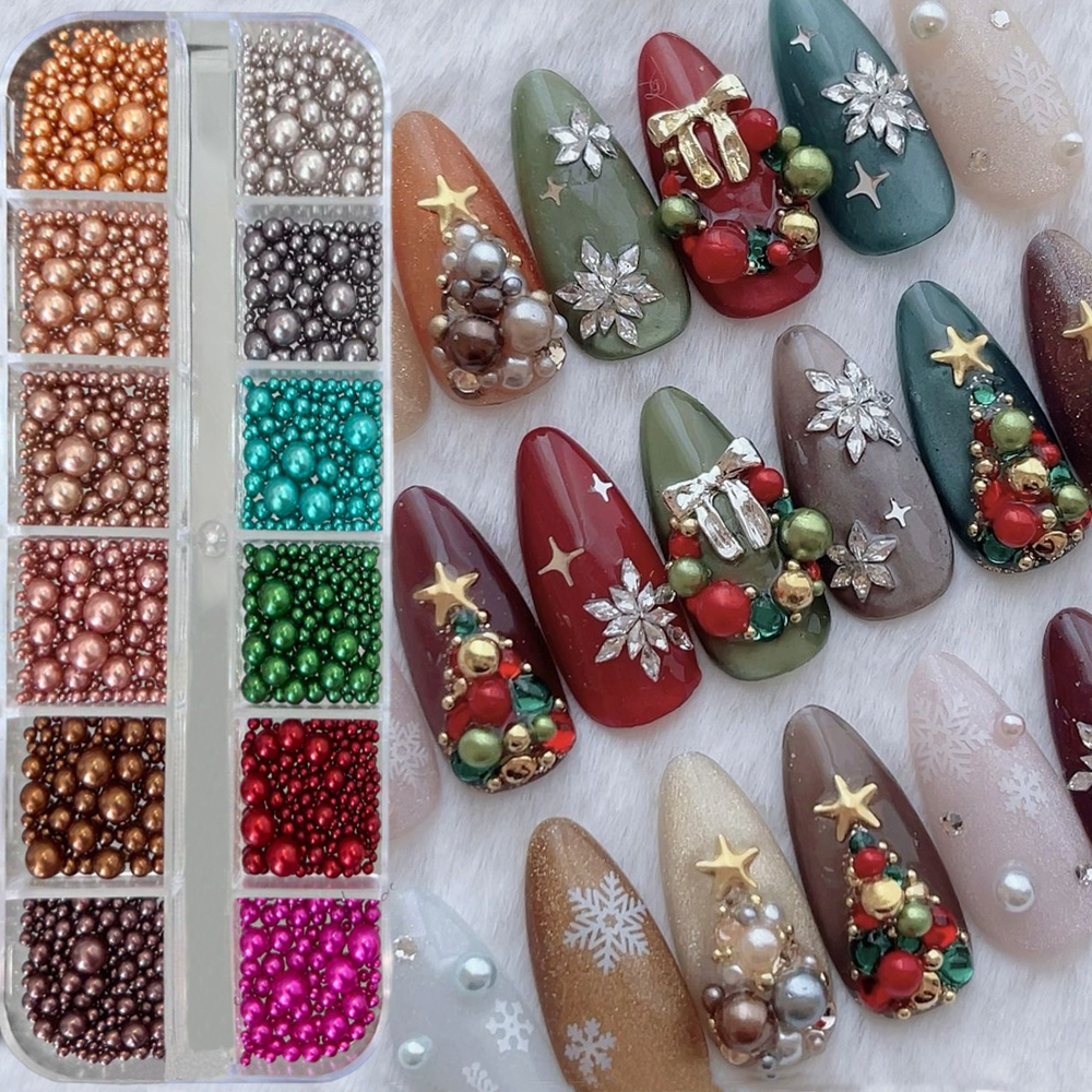 12Grids Red/Green Pearl Nail Rhinestone Mixed Size Pearlescent Colorful Beads Nali Charms Full Circle Pearl Manicure Jewelry A