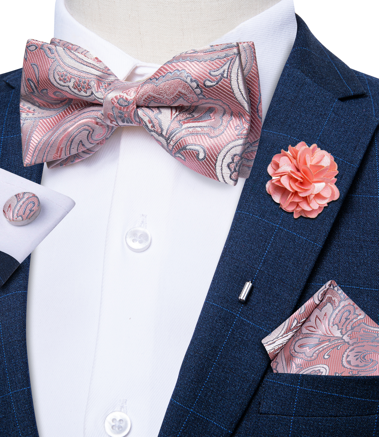 Nieuwe Pre-Gebonden Strikjes Voor Mannen Roze Paisley Jacquard Vlinder Knoop Pocket Vierkante Manchetknopen Corsage Set Voor Bruiloft
