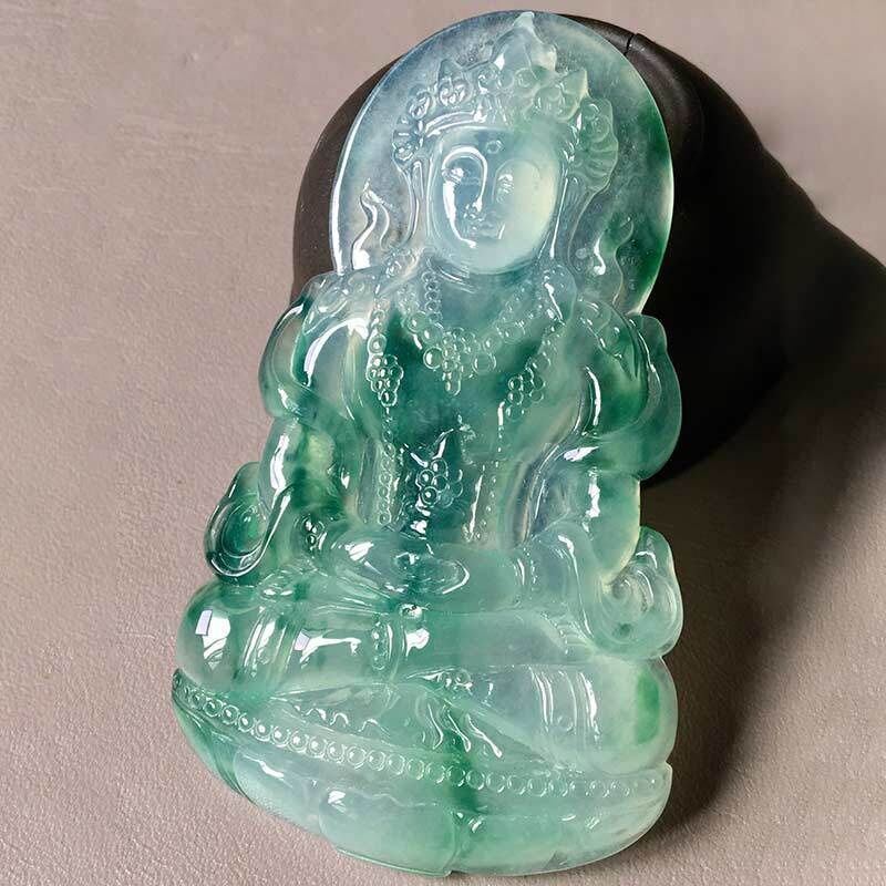 Myanmar Old Mine Natural Jadeite Jade Carving Ice Type Floating Flower Tara Guanyin Jade Pendant for Men Gift