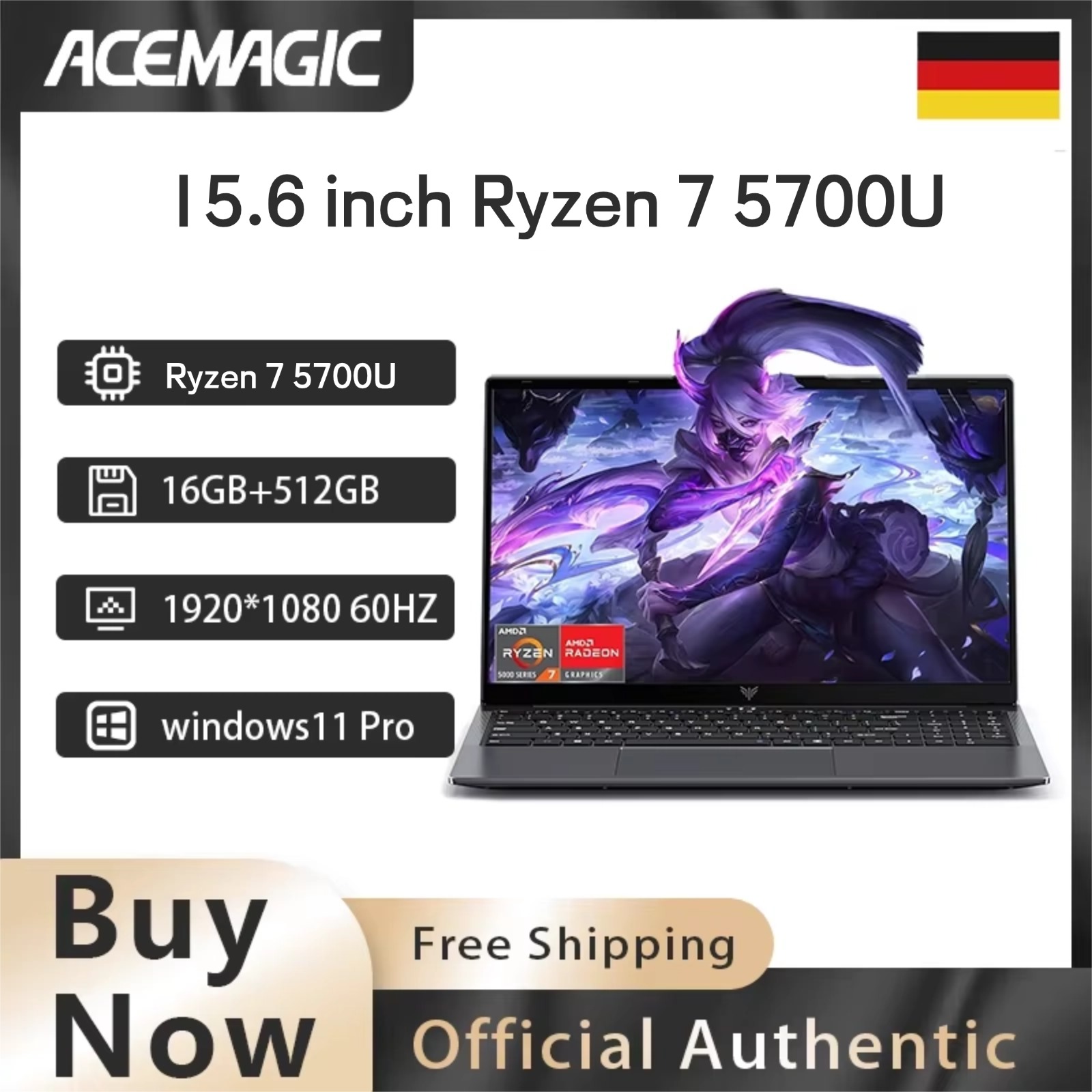 ACEMAGIC 15.6inch Laptop FHD Laptop AMD Ryzen 7 5700U 16GB RAM 512GB SSD Windows 11 Pro Notebook 180° Flip Computer Wifi6 BT5.2