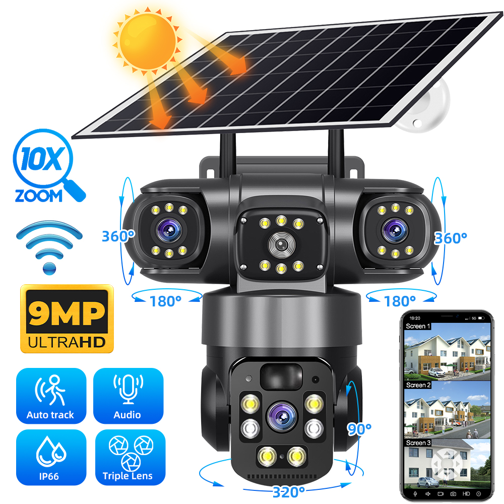Caméra WiFi solaire Full HD 9MP, 3 écrans, 3 objectifs, Zoom 10X, détection humaine PIR, Surveillance, Vision nocturne, Protection de sécurité
