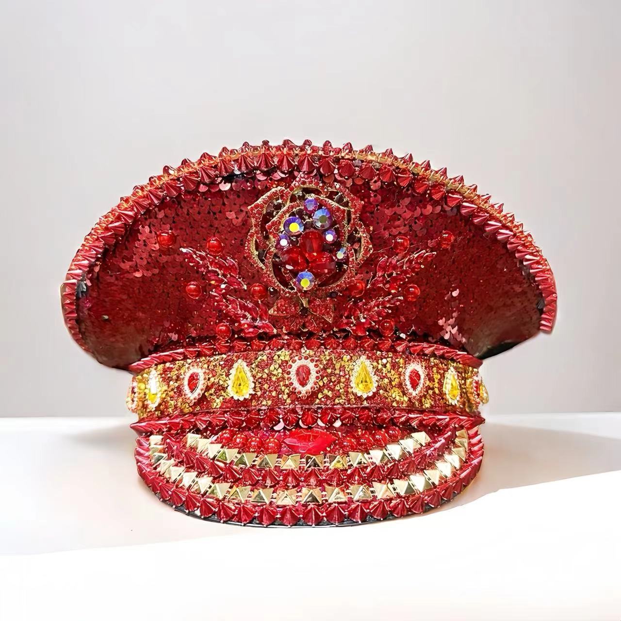 HongLuan Topi Kapten Bling Mawar Merah Berlian Imitasi untuk Wanita Topi Militer Steampunk untuk Pria Aksesori Festival Musik Pria Pembakar