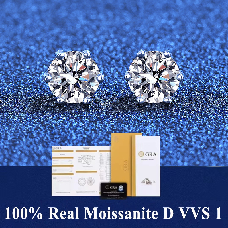 GRA 100% Plata de Ley auténtica con 2 certificados Moissanite pendientes de 6 puntas Color D Stud para mujeres joyería de boda de alta calidad