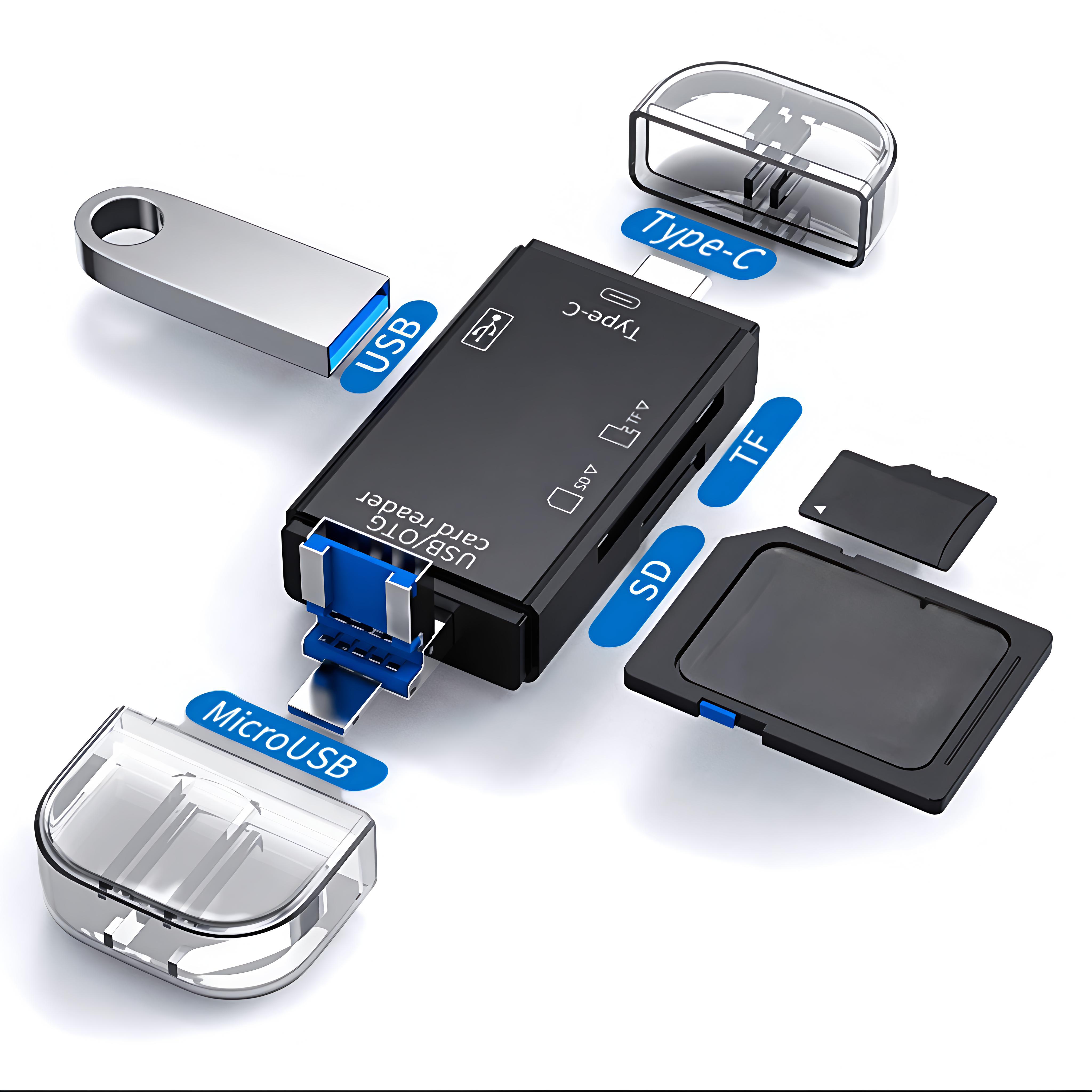 Lettore di schede USB Type-C 6-in-1, con coperchio ribaltabile per adattatore Micro per smartphone e computer, scheda USB 2.0 OTG, con tipi A e C, M