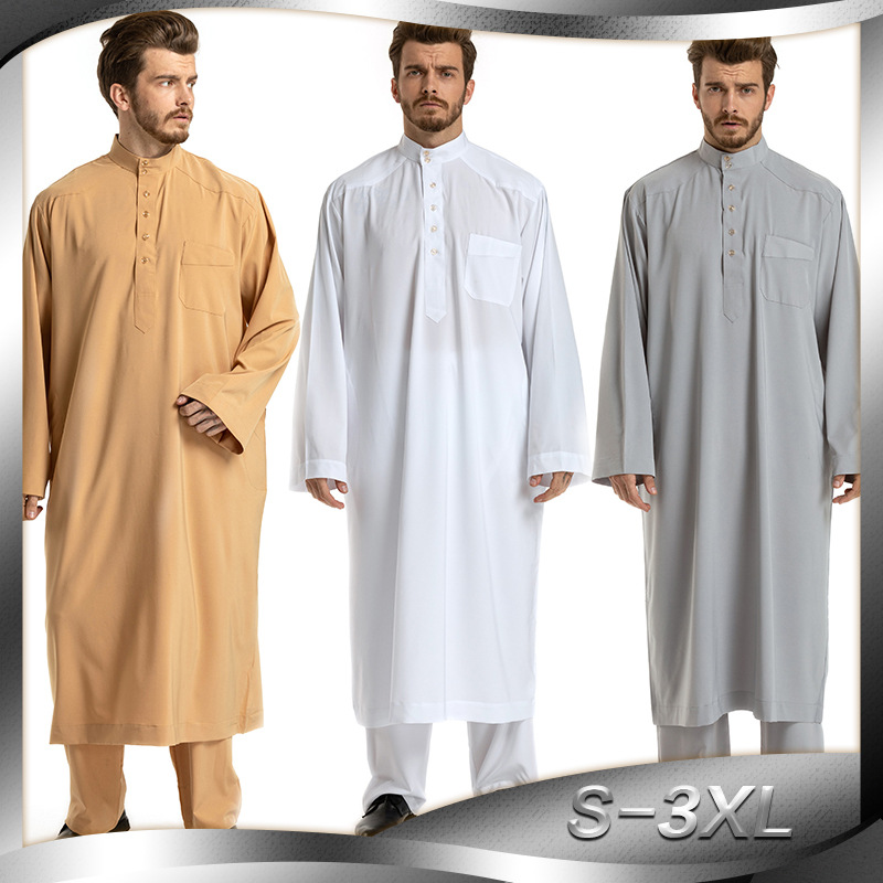 Jubba Thobe musulmán de manga larga para hombres, conjunto de túnica árabe sólida, conjunto musulmán de dos piezas, cuello levantado, caftán árabe islámico, Abaya