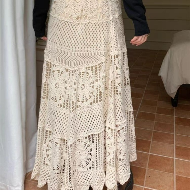 Boho Crochet Hollow Out Lace A-Line Skirt High Waist Elastic Band Long Length Bodycon Fall Chic 2025 New