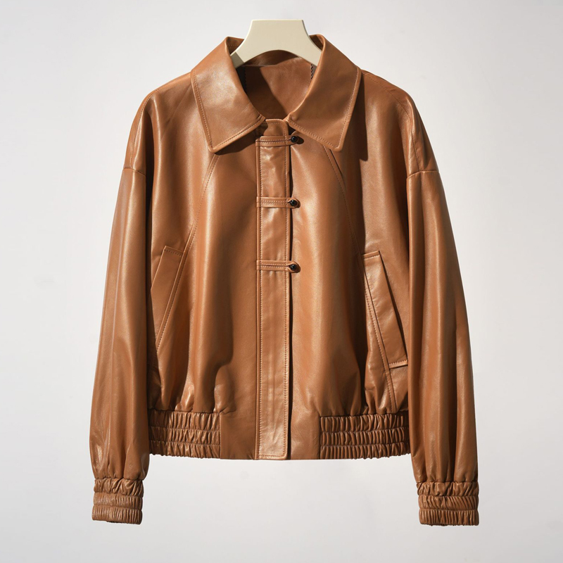 Damen Echt lederjacke neue Mode Knopf lose Langarm weibliche elastische Taille lässig Schaffell Jacke Mäntel Tops