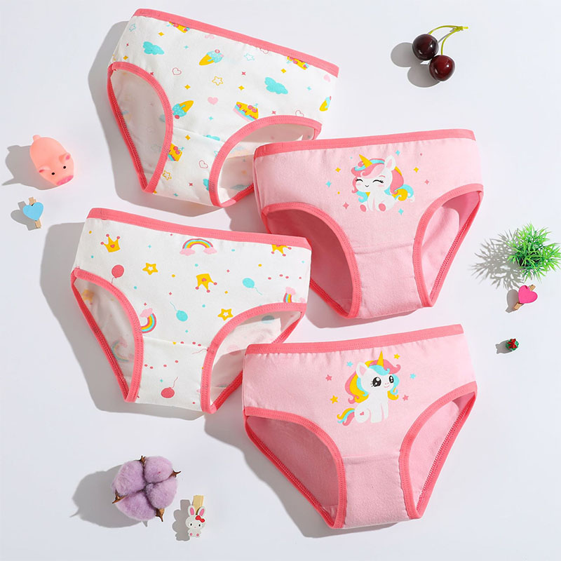 Kit 4 Calcinhas Infantis Algodão Premium - Cueca Menina 2-9 Anos com Estampa Unicórnio, Modelo Confortável para Pele Sensível, Durabilidade e Toque Suave