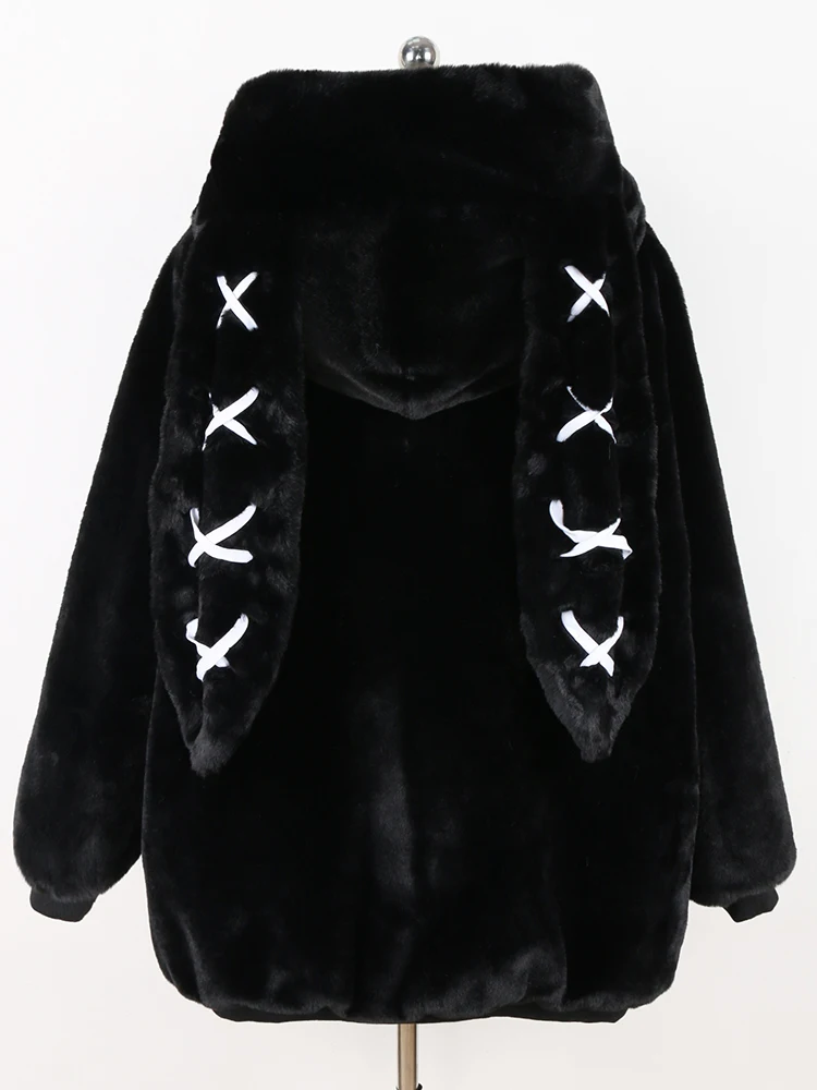 Nerazzurri-Veste à Capuche en Fausse Fourrure pour Femme, Douce et Mignonne, avec Oreilles de Lapin, Style Kawaii, Automne et Hiver 2024