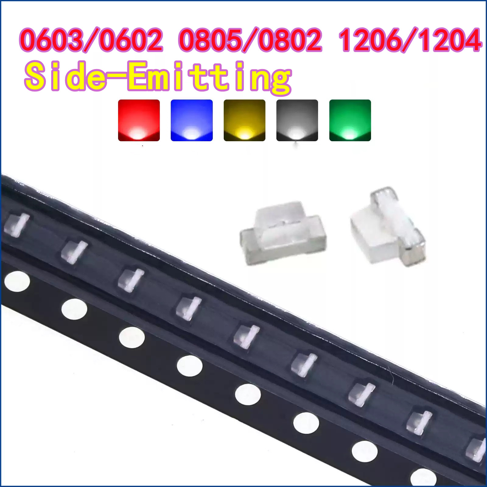 100 pièces haute luminosité 0603/0602 0805/0802 1206/1204 Diode à émission latérale LED SMD perle de lampe rouge Orange jaune vert rose bleu