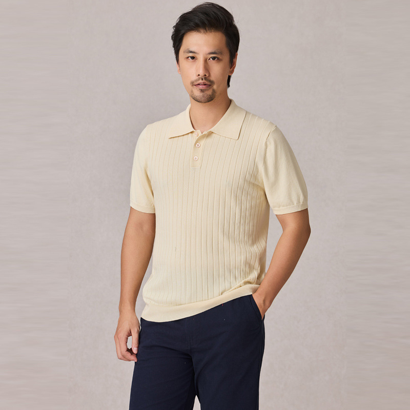 Gestricktes Poloshirt für Herren, Sommer, hochwertig, schlank, elastisch, kurzärmelig, geripptes T-Shirt aus Maulbeerseide, Revers, Strickpullover