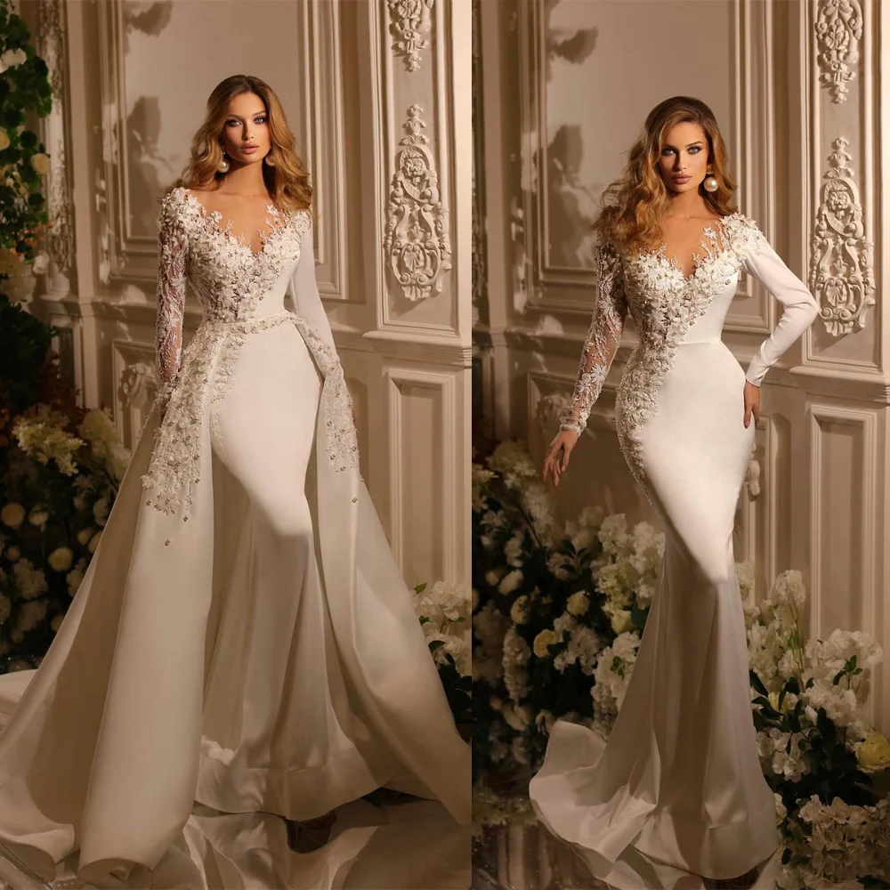 Flavinke, vestidos De Novia De sirena personalizados con cuello en V, manga larga, bordado De perlas, sobrefaldas desmontables, Vestido De Novia 2025