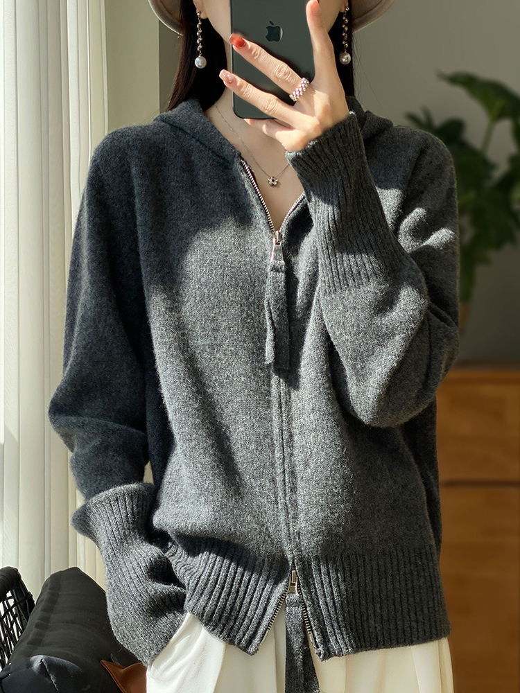 100% Merino Wool Cardigan Sweater Autumn Winter Women Zipper Hoodie Long Sleeve Pure Colors Cashmere Knitwear Female Clothing