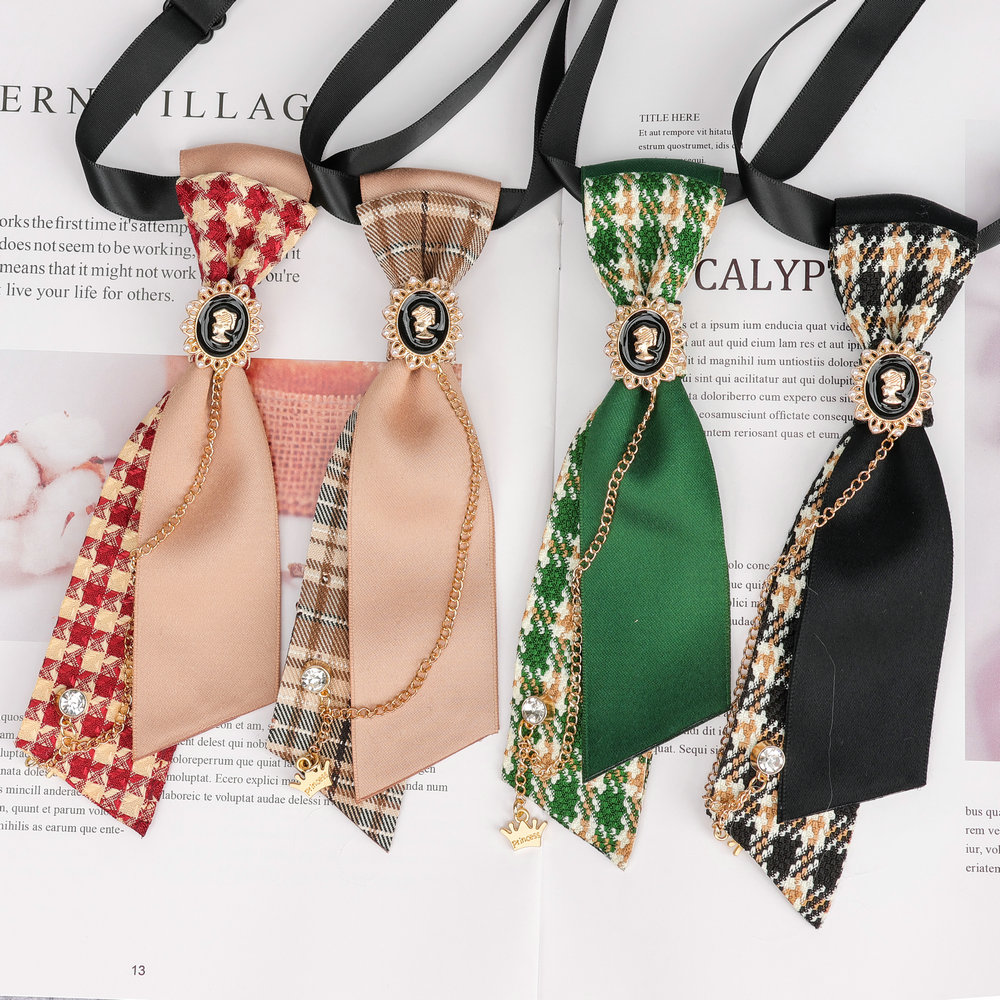 Boys Retro Handmade Bow Tie Crystal Tassel College Style Shirts Neck Ties for Women Girl Wedding Party Plaid Necktie Accessories