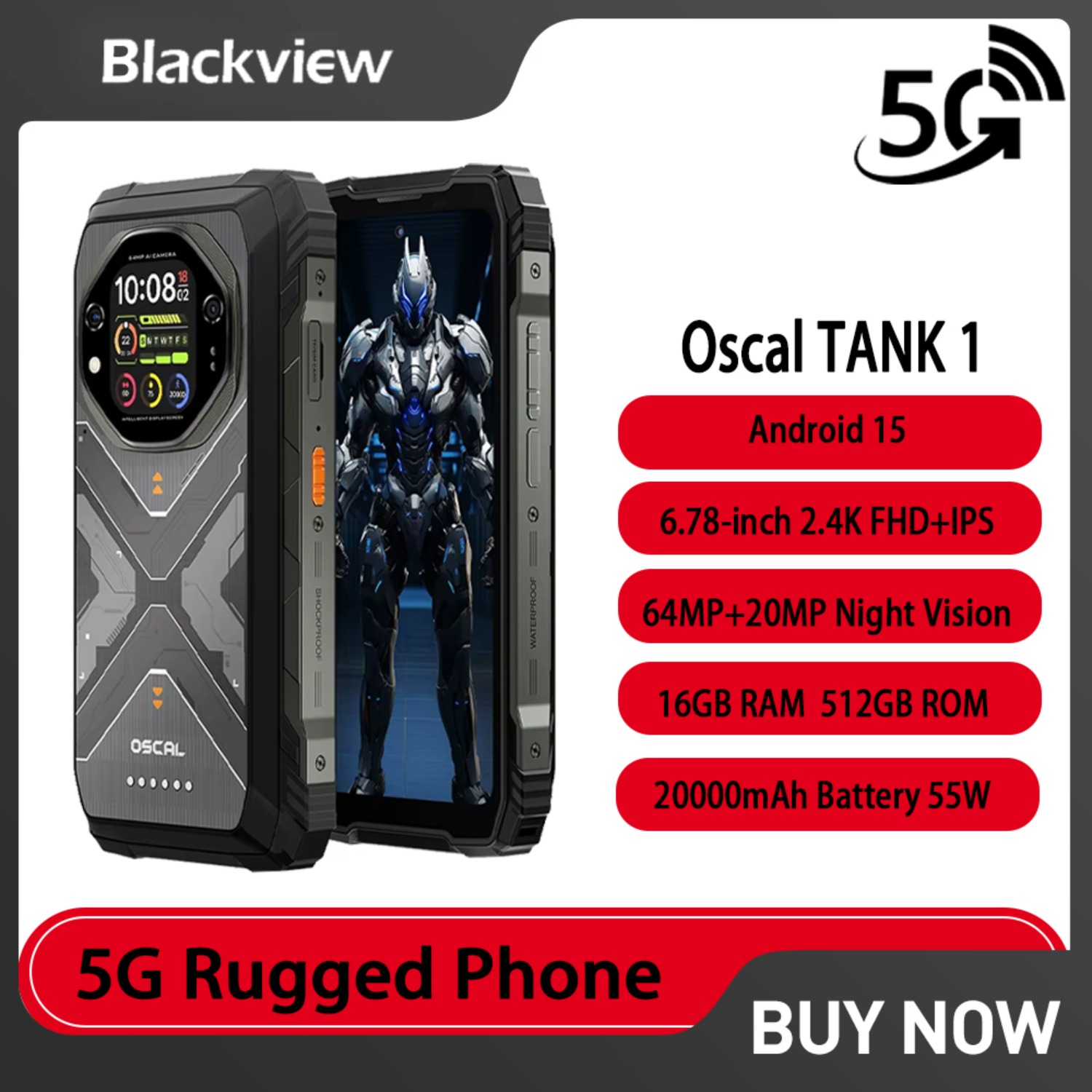 Blackview Oscal TANK 1 5G AI Rugged Phone IP68 &IP69K 6.78 “ 16GB RAM 512GB ROM 20000mAh 55W Fast Charging 64MP NFC Android 15