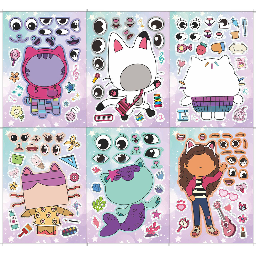 6/12 hojas de casa de muñecas de Gabby, pegatinas de rompecabezas para hacer una cara, hacen tu propio juego DIY, rompecabezas de dibujos animados para niños, juguetes educativos, regalo